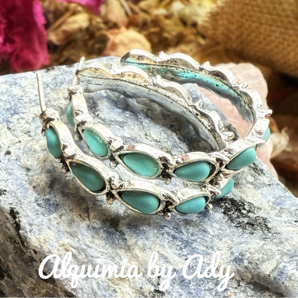 Turquoise silver vintage bohemian hoops  earrings